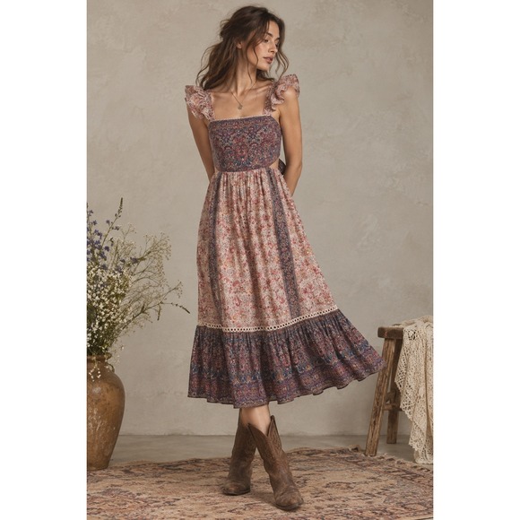 Haute Hippie Dresses & Skirts - Haute Hippie Paisley Floral Maxi Dress 10 Red Blue Boho Tie Back Cottage Prairie
